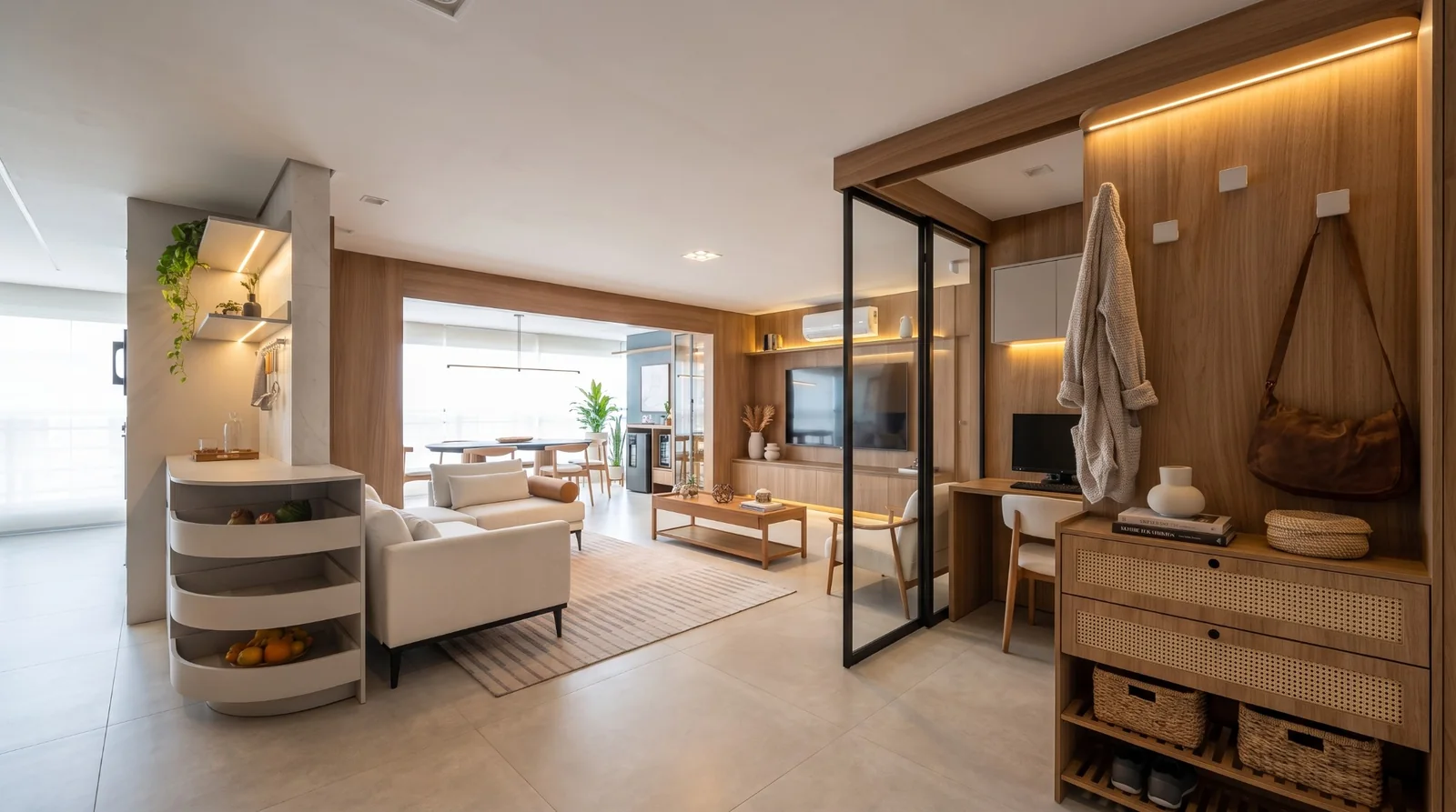 Sala de estar com home office envidraçado e marcenaria em madeira