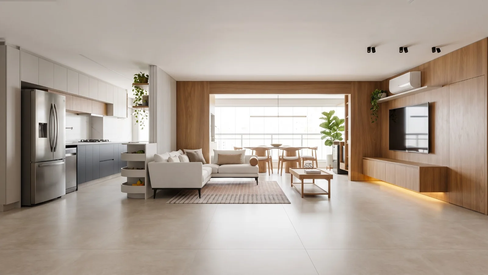 Sala ampla integrada à varanda e cozinha com marcenaria clara