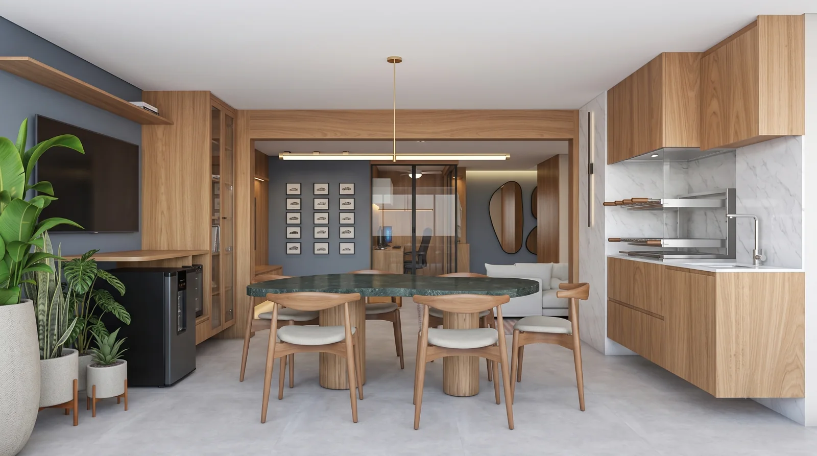 Sala de jantar com mesa em pedra e marcenaria em madeira natural