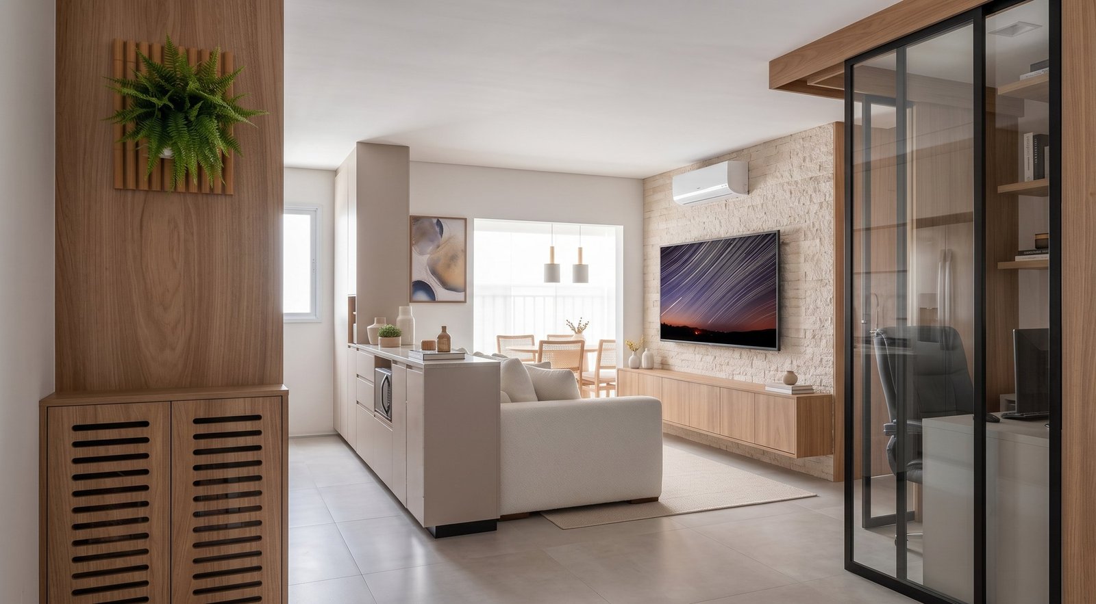 Sala integrada com marcenaria em madeira, parede de pedra e home office fechado em vidro